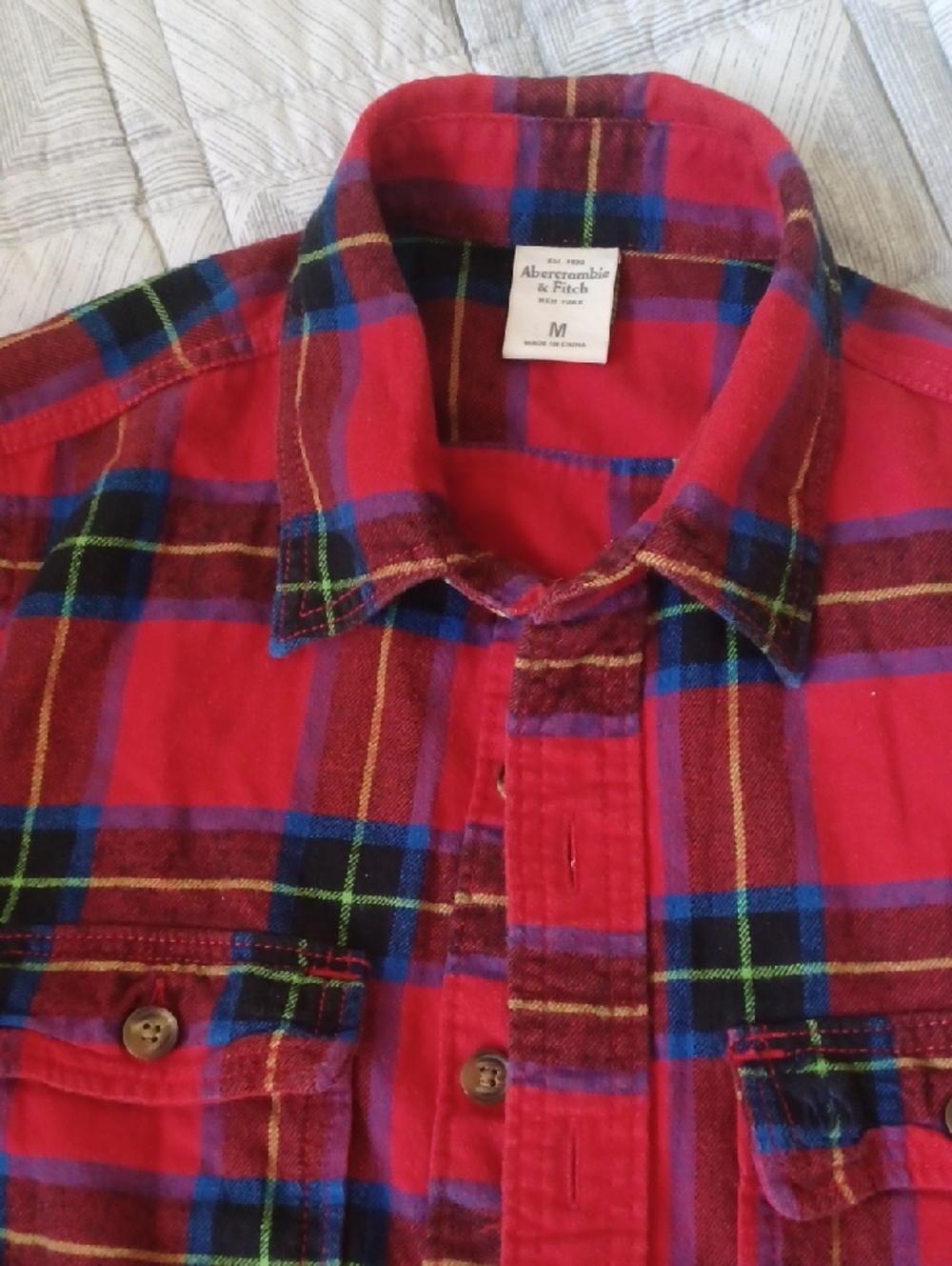 Abercrombie & Fitch Red Plaid Button-Up Shirt with Blue & Green Accents